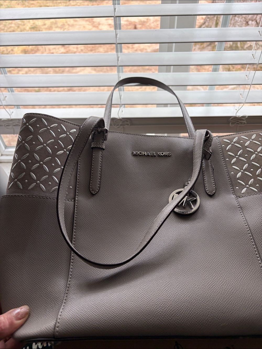 MICHAEL KORS Gray Taupe Leather Tote with Laser-Cut Panels